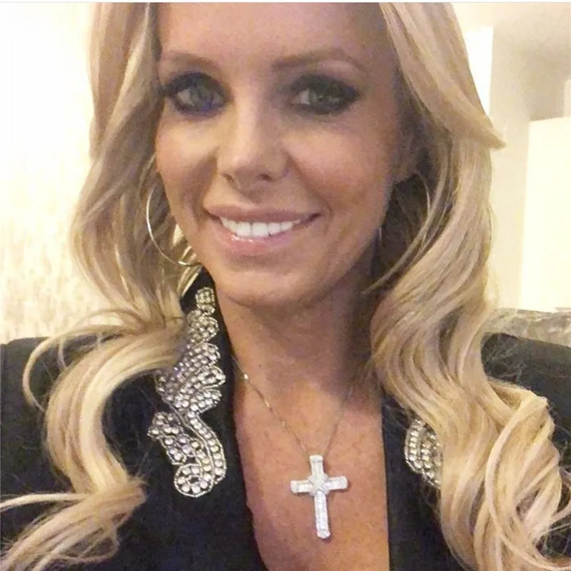 925 Sterling Silver Long Cross Necklace – CZ Statement Faith Pendant for Women