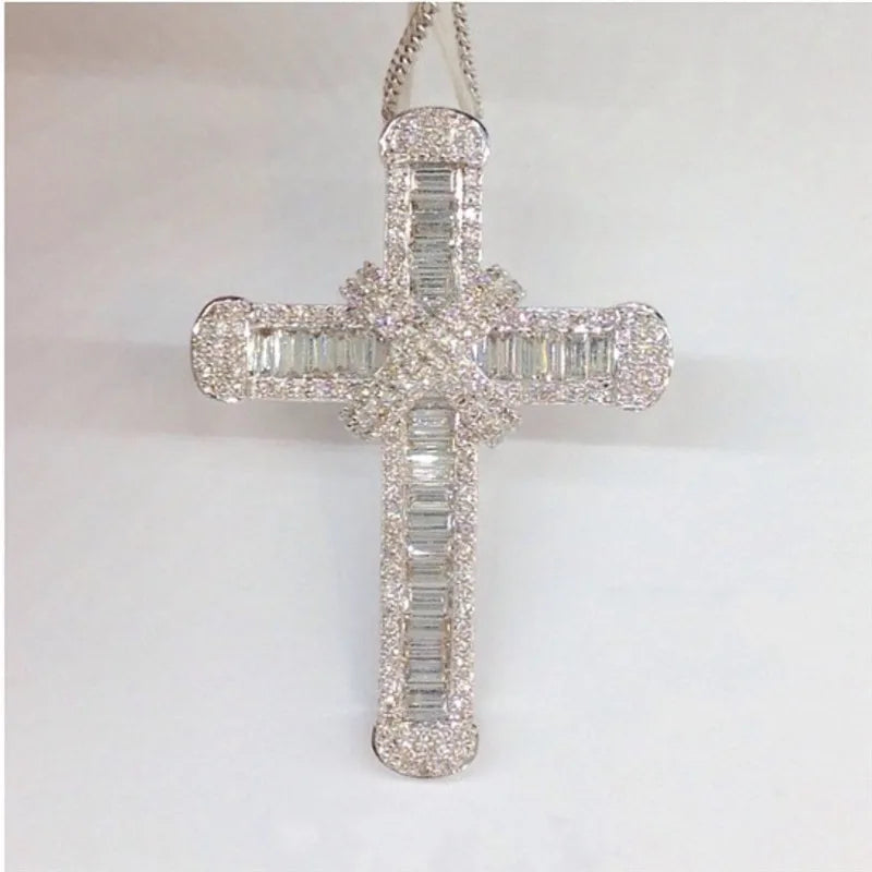 925 Sterling Silver Long Cross Necklace – CZ Statement Faith Pendant for Women