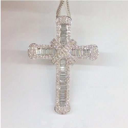 925 Sterling Silver Long Cross Necklace – CZ Statement Faith Pendant for Women