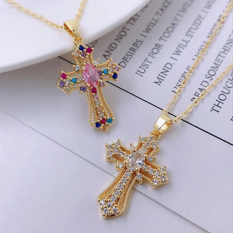 Shiny Zircon Cross Necklace – Stainless Steel Faith Pendant