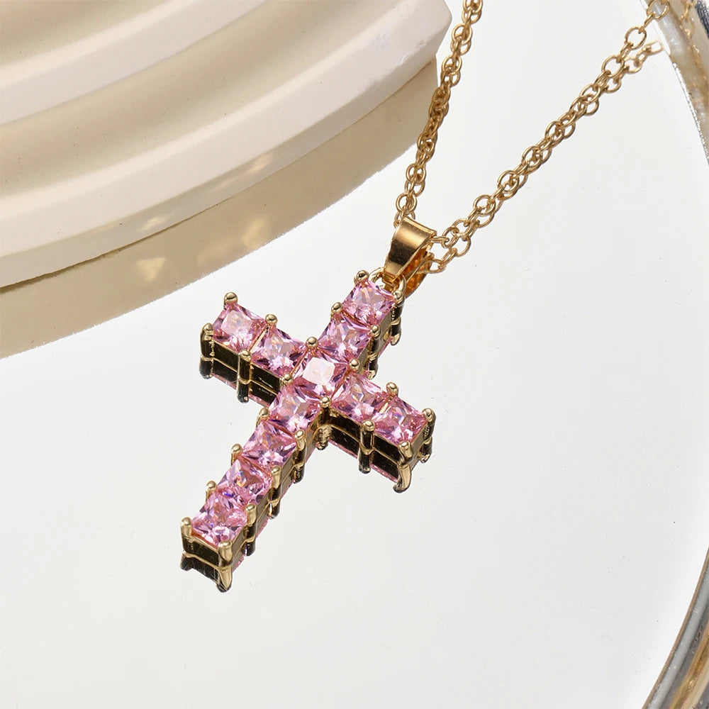 Multi-Color Crystal Cross Necklace | Shiny Silver Pendant | Feminine Faith Jewelry for Women