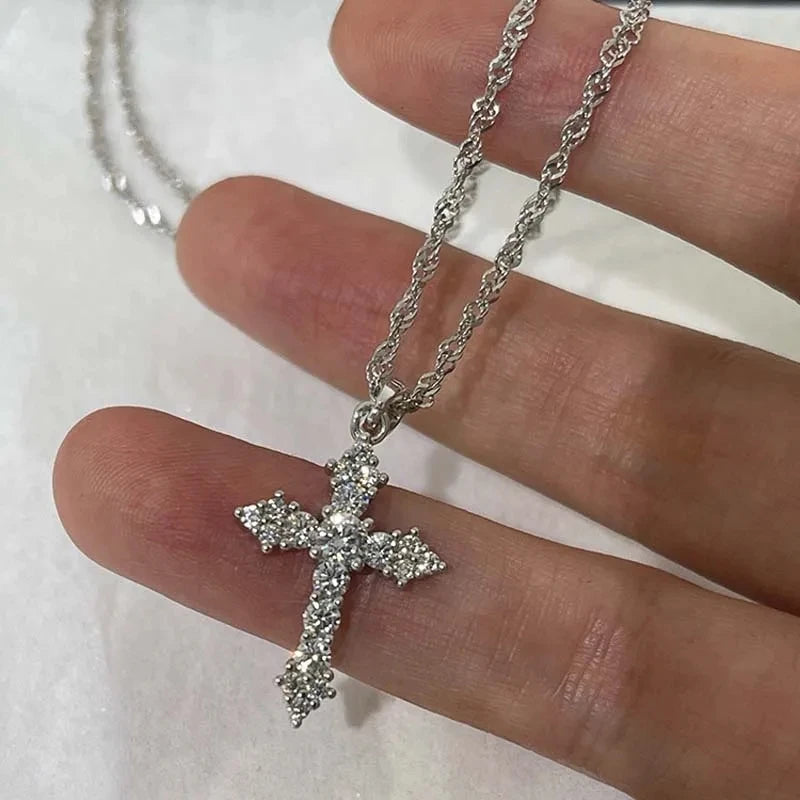 Crystal Zircon Cross Necklace  | Silver Dainty Chain | Sparkling Christian Jewelry for Women