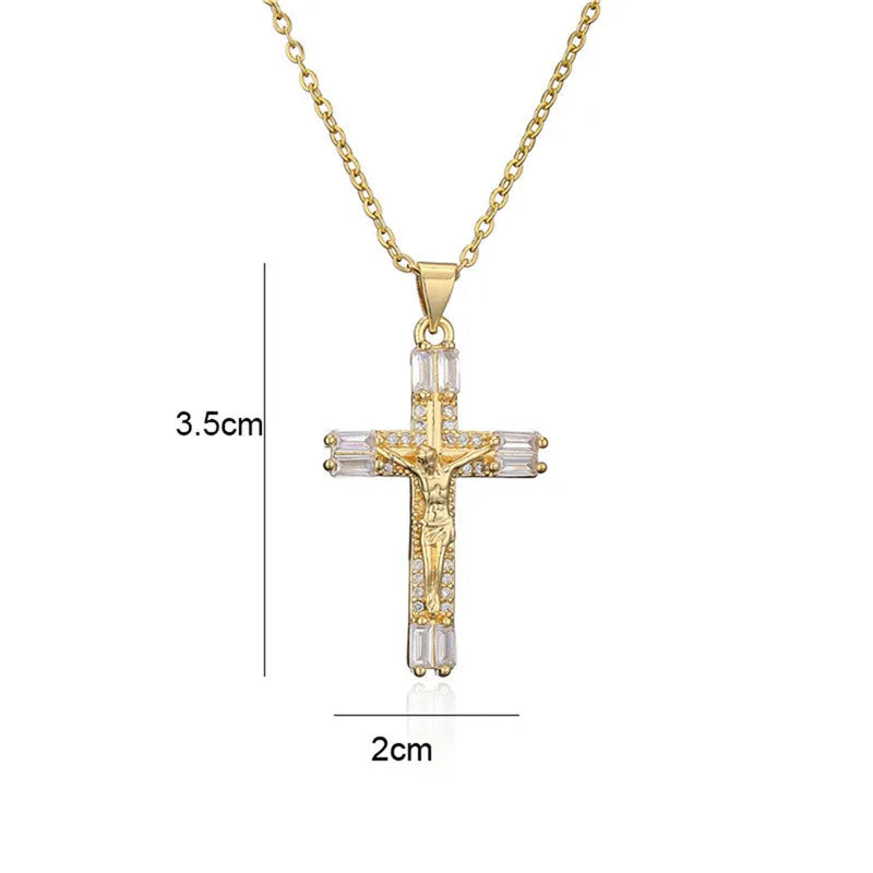 Shiny Zircon Cross Necklace – Stainless Steel Faith Pendant