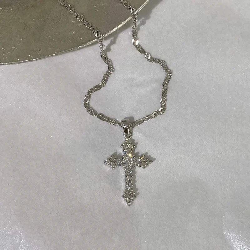 Crystal Zircon Cross Necklace  | Silver Dainty Chain | Sparkling Christian Jewelry for Women