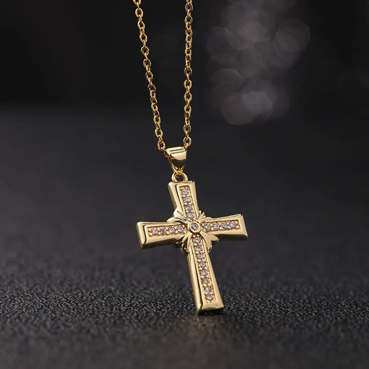 Shiny Zircon Cross Necklace – Stainless Steel Faith Pendant