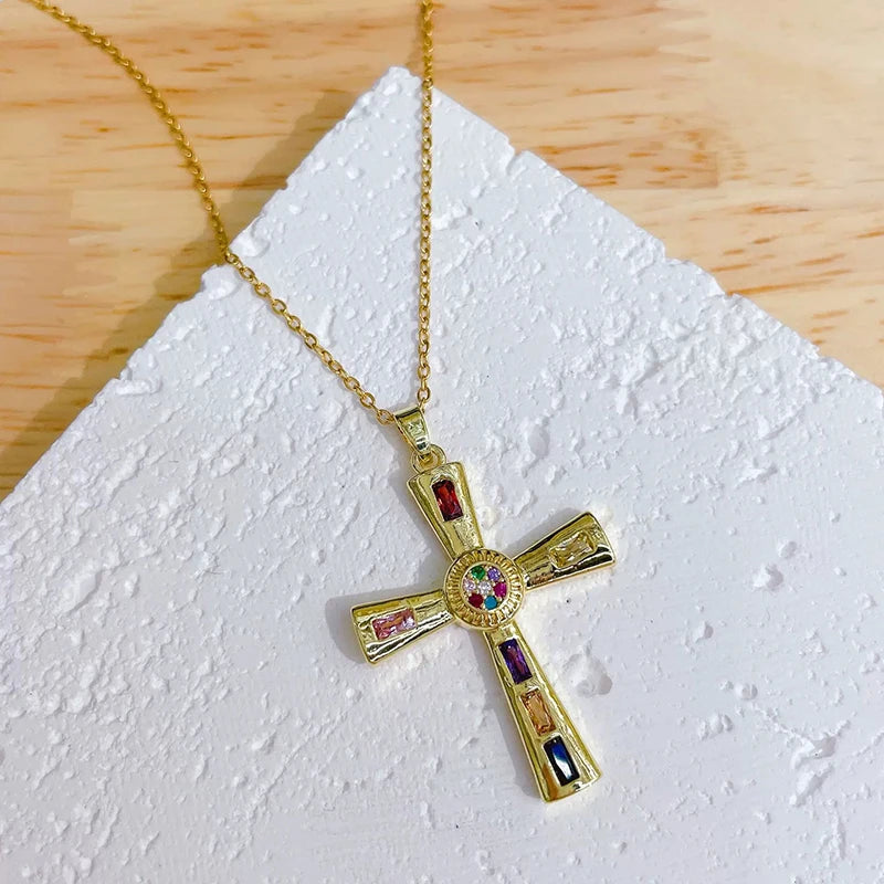 Shiny Zircon Cross Necklace – Stainless Steel Faith Pendant