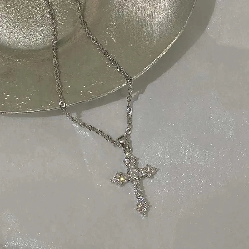 Crystal Zircon Cross Necklace  | Silver Dainty Chain | Sparkling Christian Jewelry for Women
