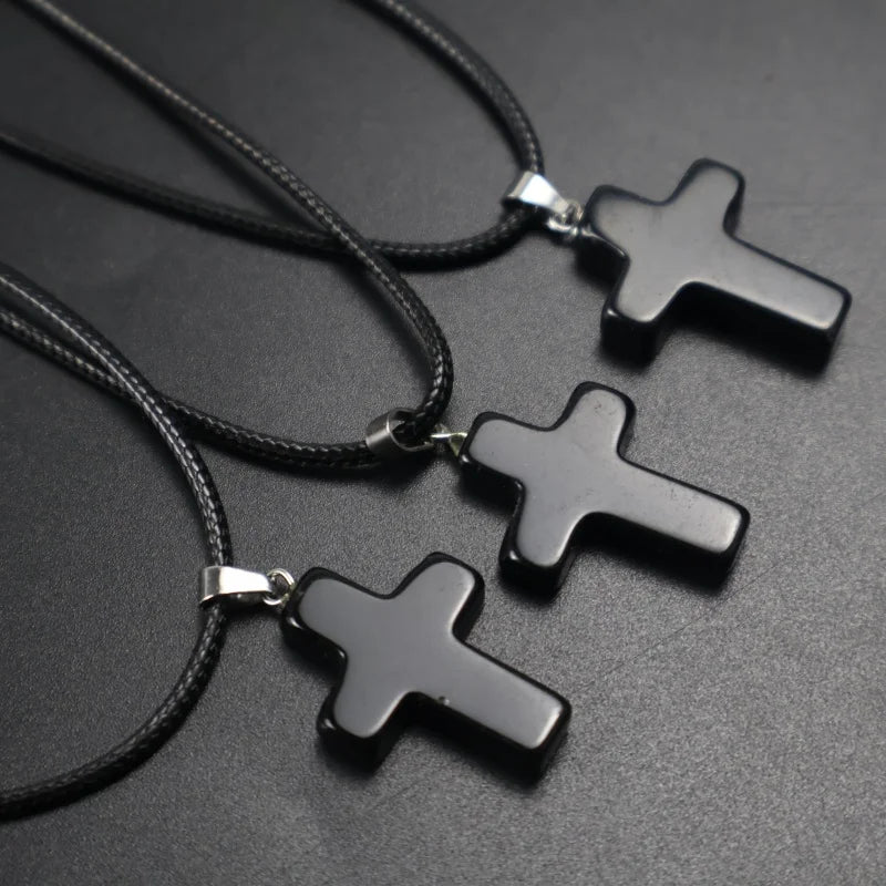 Natural Stone Cross Necklace  | 18” Black Cord Christian Pendant | Minimal Faith Jewelry for Women