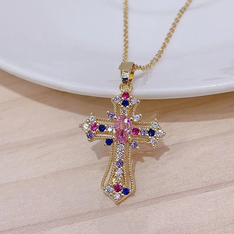 Shiny Zircon Cross Necklace – Stainless Steel Faith Pendant