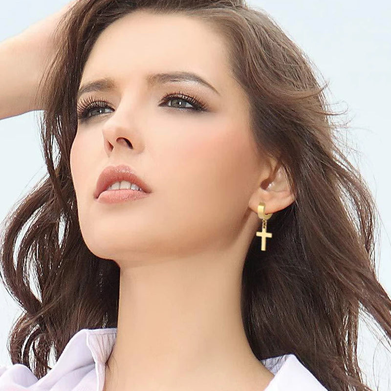 Stainless Steel Cross Hoop Earrings  | Bold Faith Statement Earrings | Minimal Christian Jewelry for Women