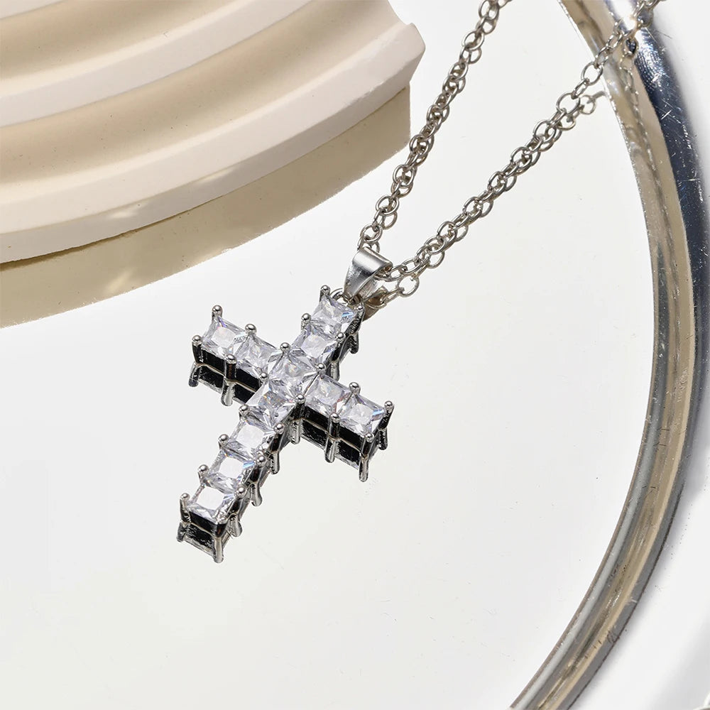 Multi-Color Crystal Cross Necklace | Shiny Silver Pendant | Feminine Faith Jewelry for Women