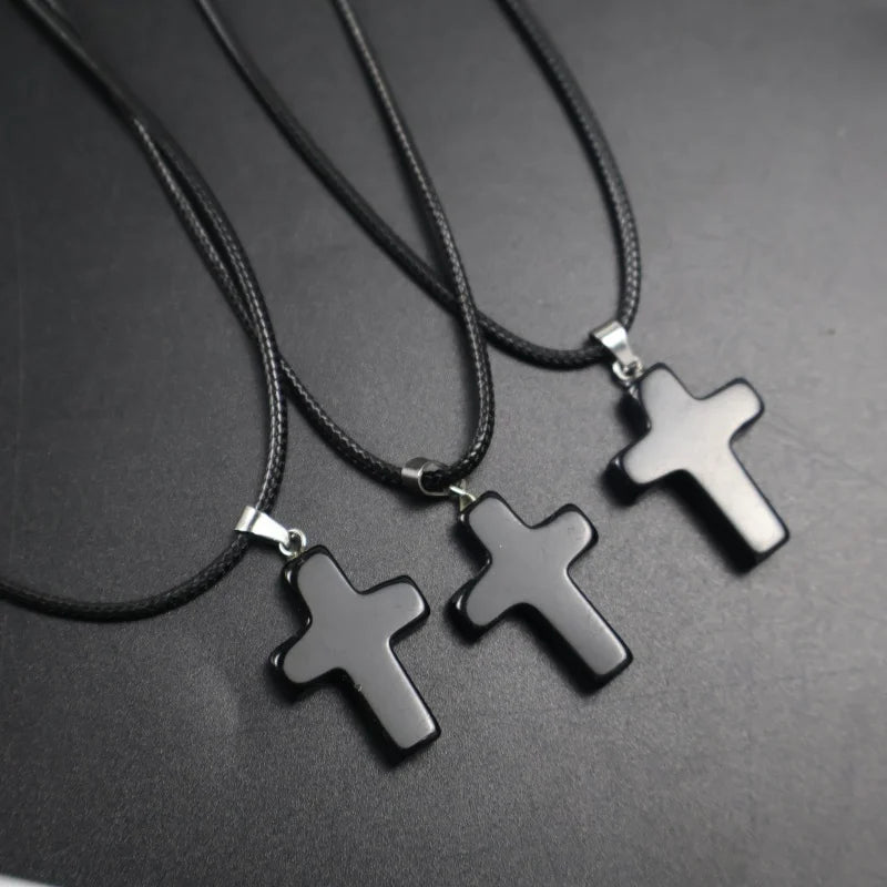 Natural Stone Cross Necklace  | 18” Black Cord Christian Pendant | Minimal Faith Jewelry for Women