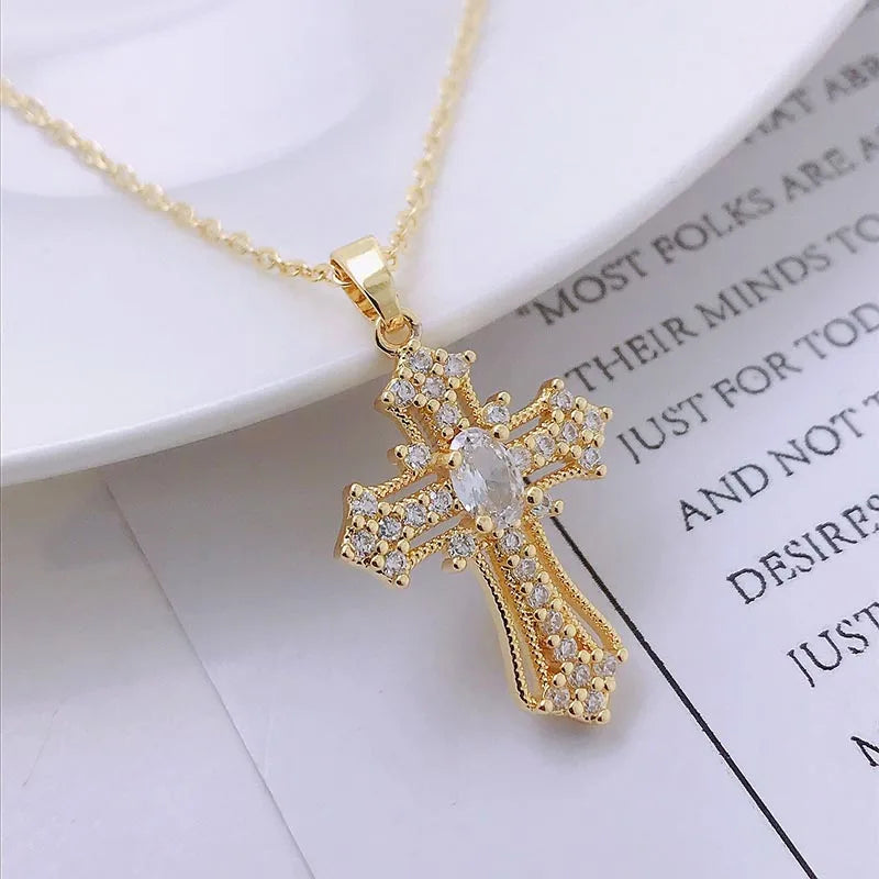 Shiny Zircon Cross Necklace – Stainless Steel Faith Pendant