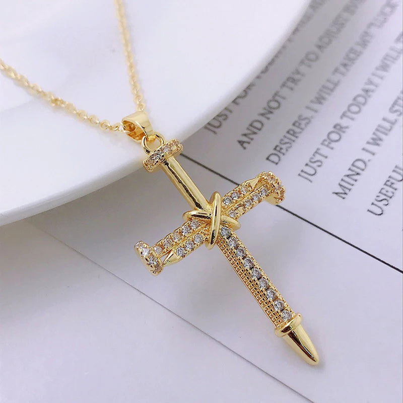 Shiny Zircon Cross Necklace – Stainless Steel Faith Pendant
