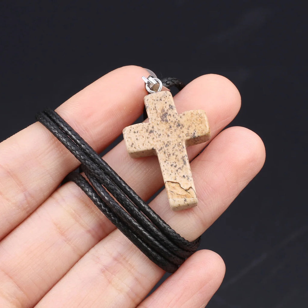 Natural Tiger Eye Cross Necklace – Semiprecious Stone Christian Pendant for Women