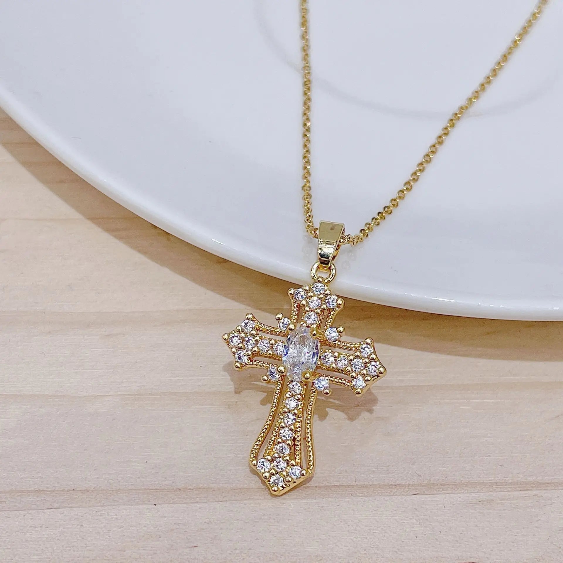Shiny Zircon Cross Necklace – Stainless Steel Faith Pendant
