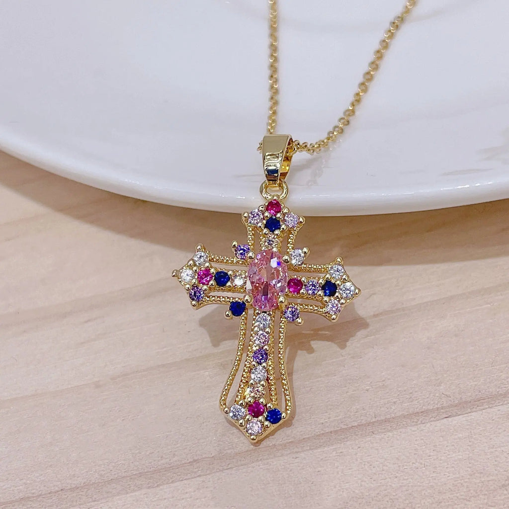 Shiny Zircon Cross Necklace – Stainless Steel Faith Pendant