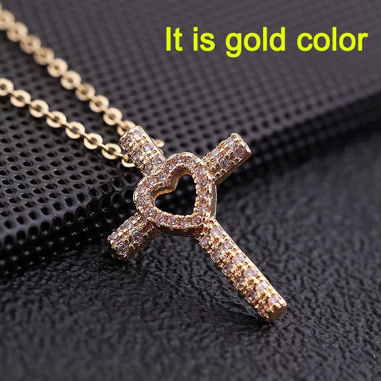 Shiny Zircon Cross Necklace – Stainless Steel Faith Pendant
