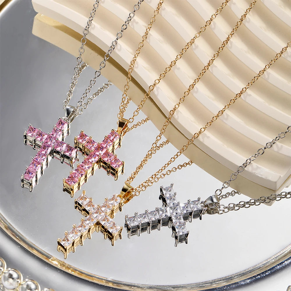 Multi-Color Crystal Cross Necklace | Shiny Silver Pendant | Feminine Faith Jewelry for Women
