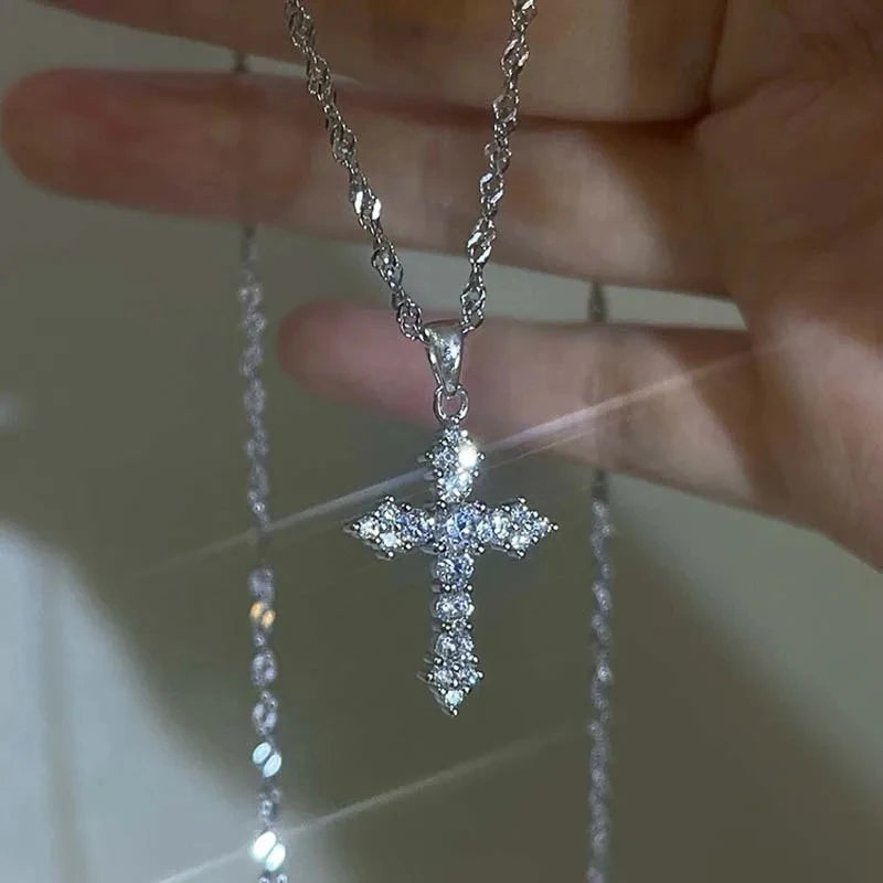 Crystal Zircon Cross Necklace  | Silver Dainty Chain | Sparkling Christian Jewelry for Women
