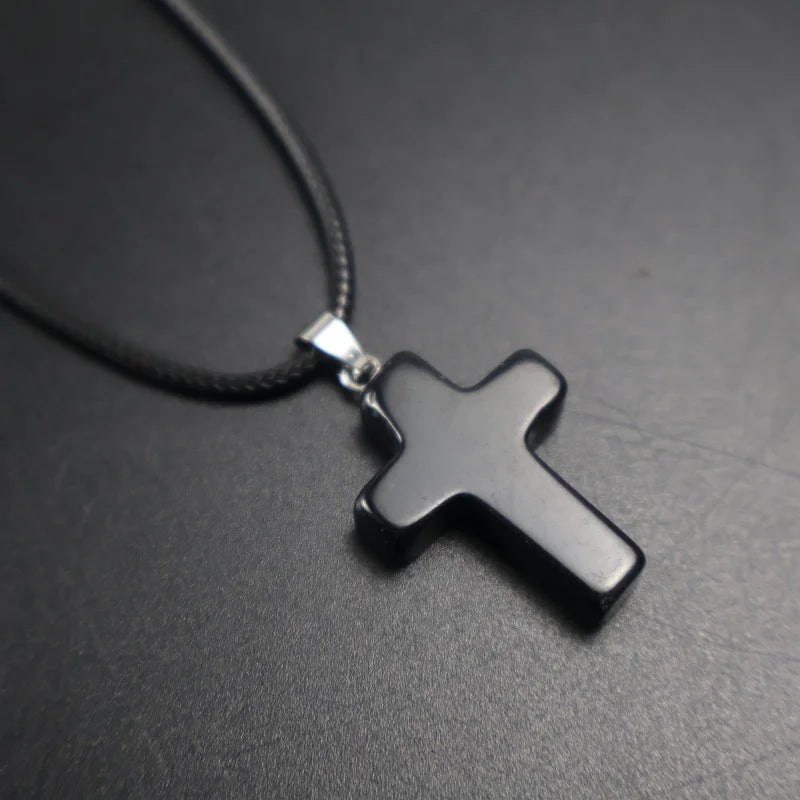 Natural Stone Cross Necklace  | 18” Black Cord Christian Pendant | Minimal Faith Jewelry for Women