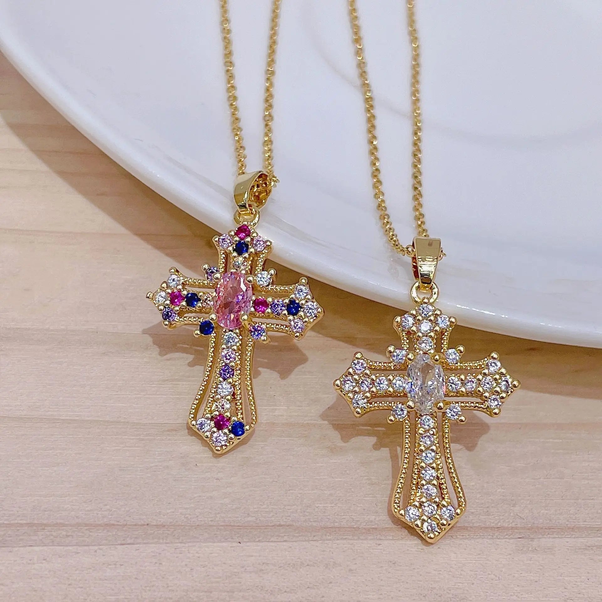 Shiny Zircon Cross Necklace – Stainless Steel Faith Pendant