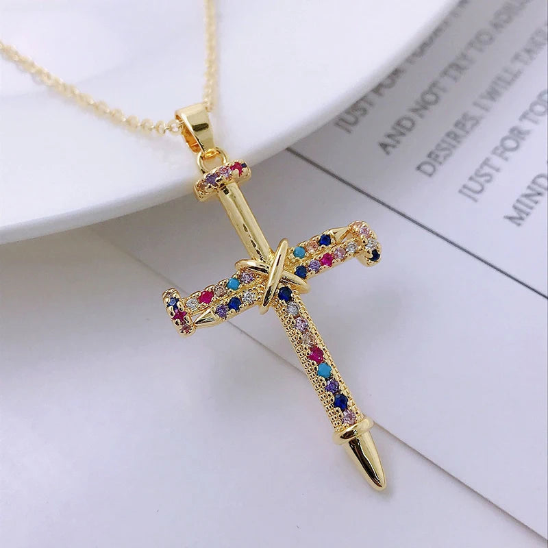 Shiny Zircon Cross Necklace – Stainless Steel Faith Pendant