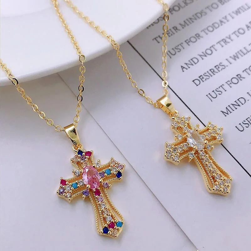 Shiny Zircon Cross Necklace – Stainless Steel Faith Pendant
