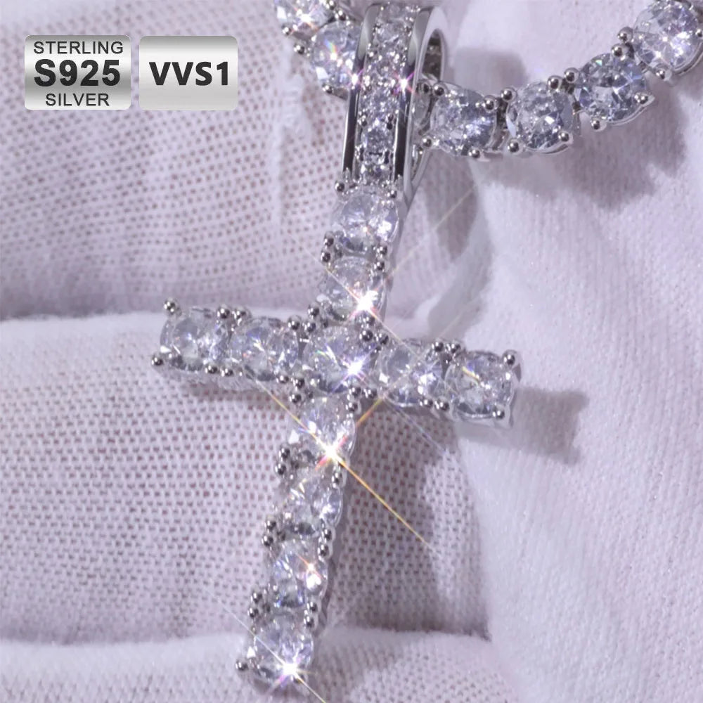 Moissanite Cross Necklace | 925 Sterling Silver VVS Shine | Luxury Faith Pendant for Women