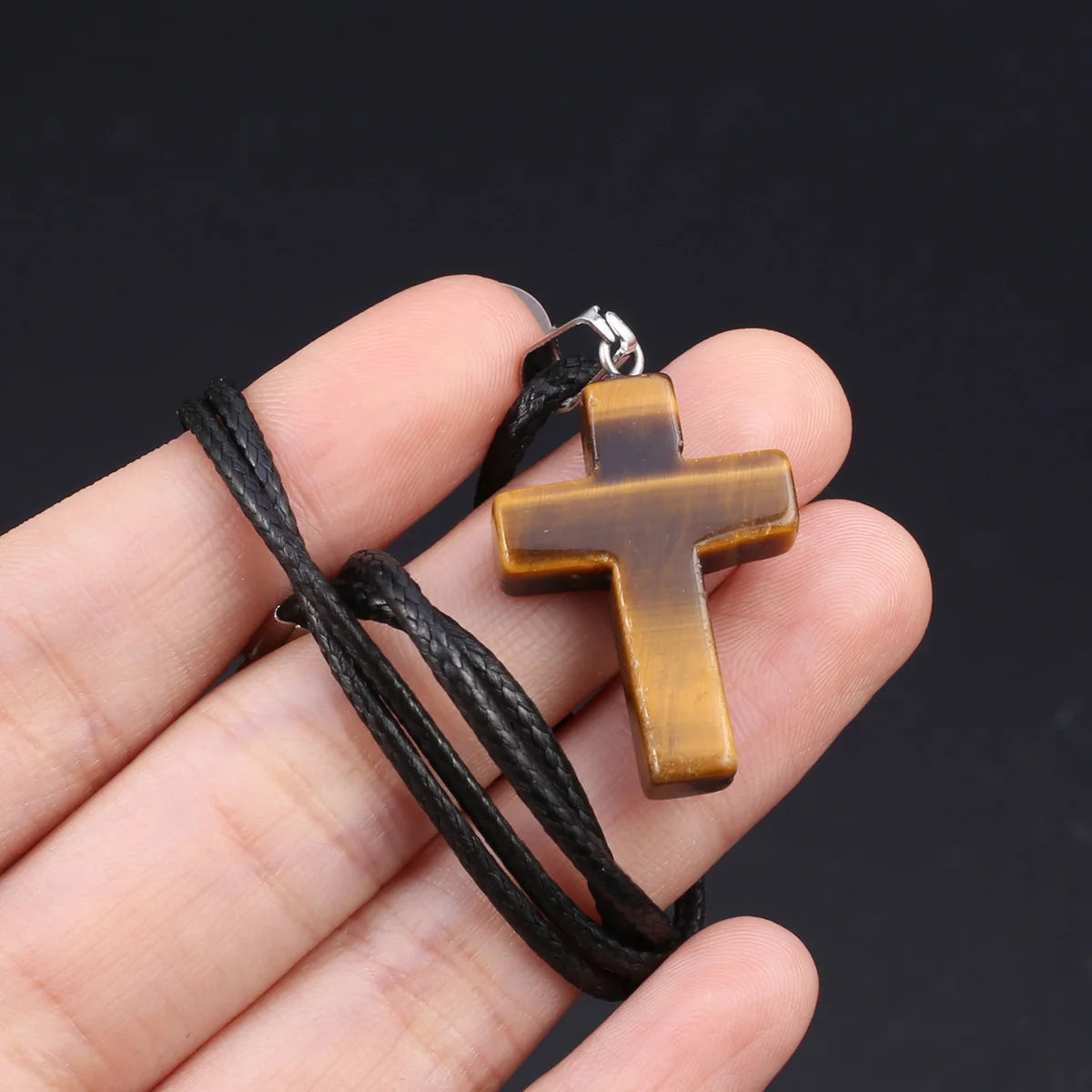 Natural Tiger Eye Cross Necklace – Semiprecious Stone Christian Pendant for Women