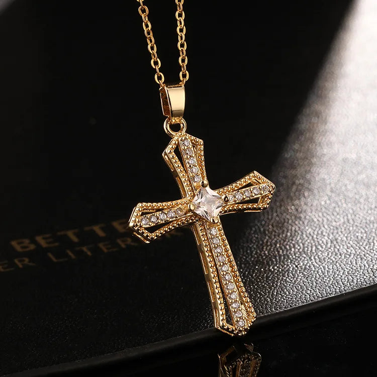 Shiny Zircon Cross Necklace – Stainless Steel Faith Pendant