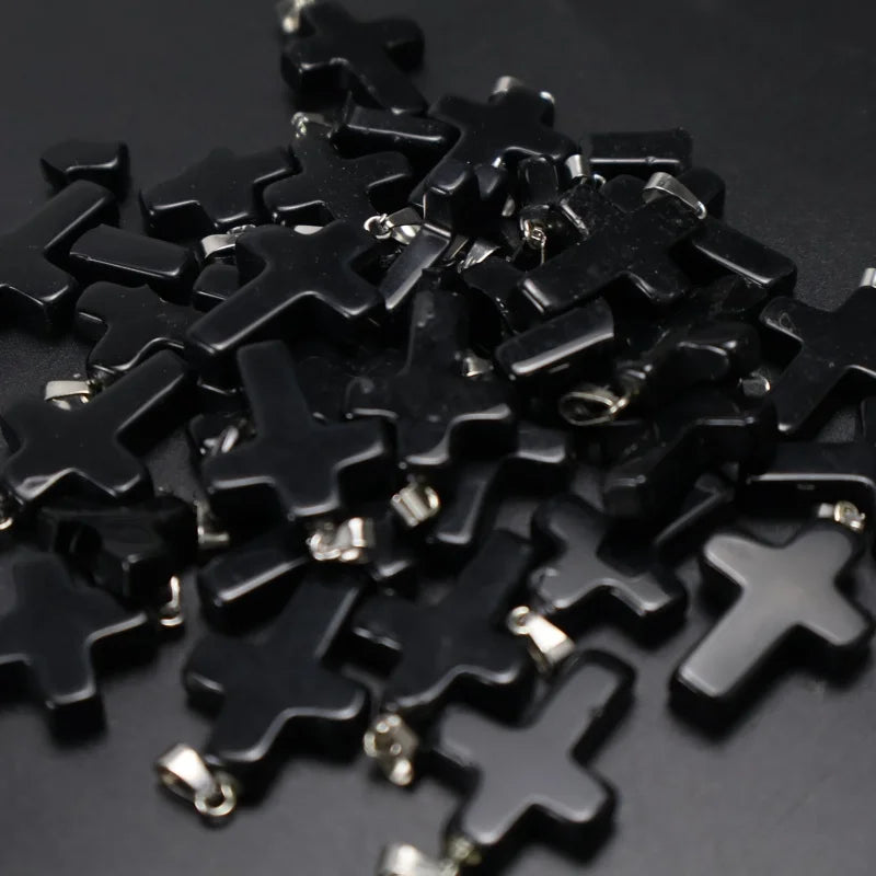 Natural Stone Cross Necklace  | 18” Black Cord Christian Pendant | Minimal Faith Jewelry for Women