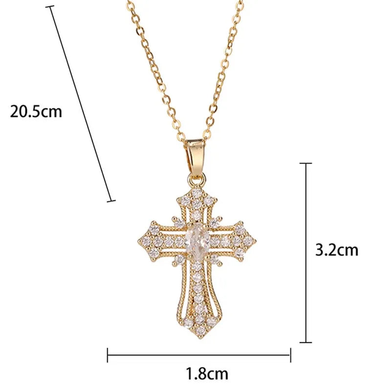 Shiny Zircon Cross Necklace – Stainless Steel Faith Pendant