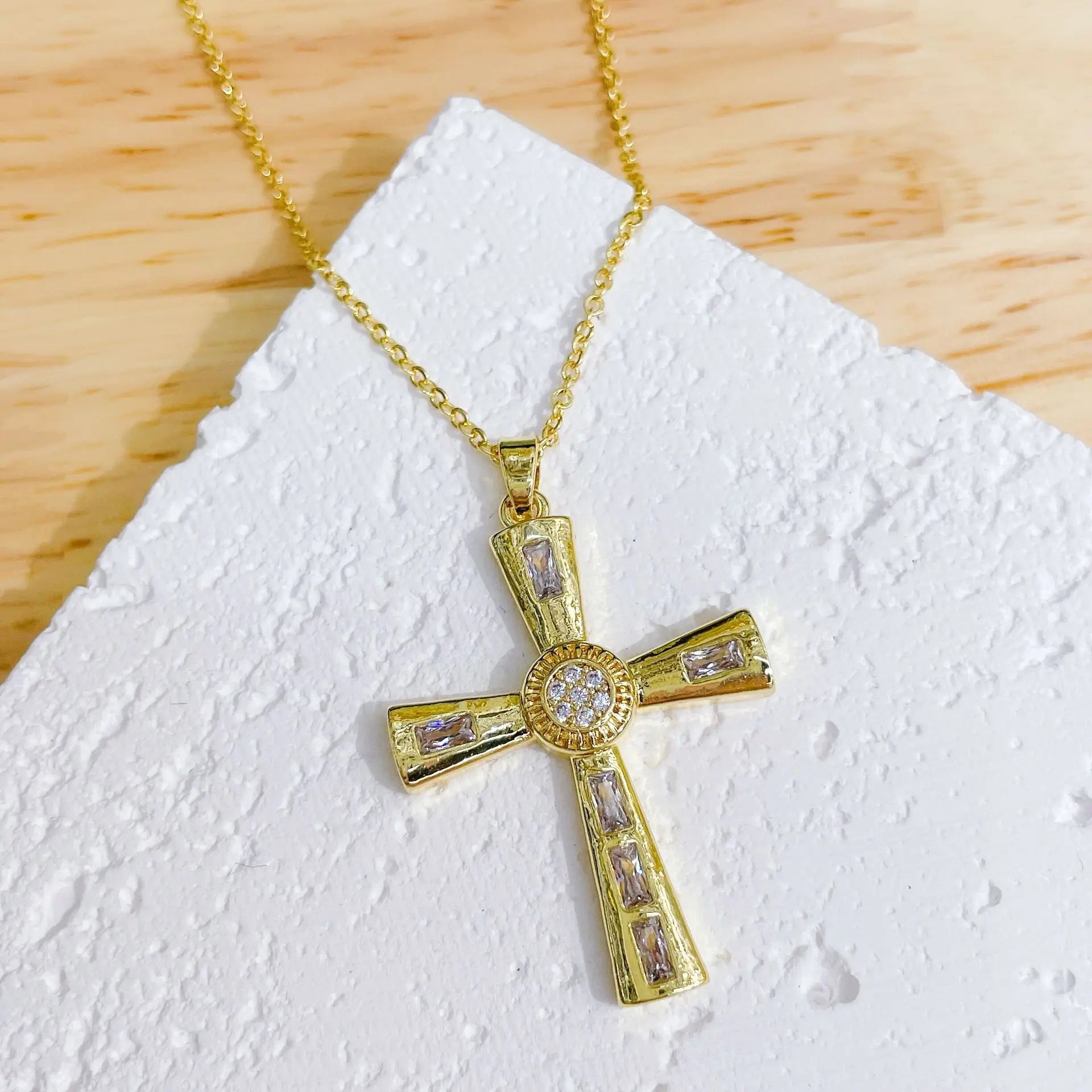Shiny Zircon Cross Necklace – Stainless Steel Faith Pendant