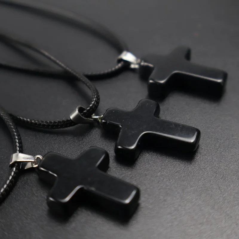Natural Stone Cross Necklace  | 18” Black Cord Christian Pendant | Minimal Faith Jewelry for Women