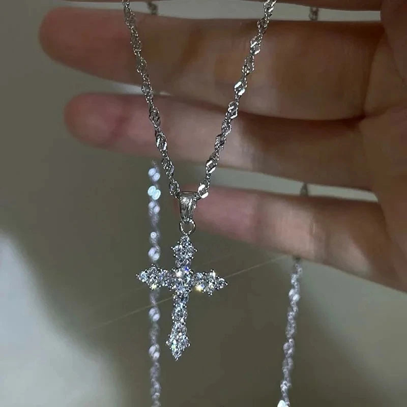 Crystal Zircon Cross Necklace  | Silver Dainty Chain | Sparkling Christian Jewelry for Women