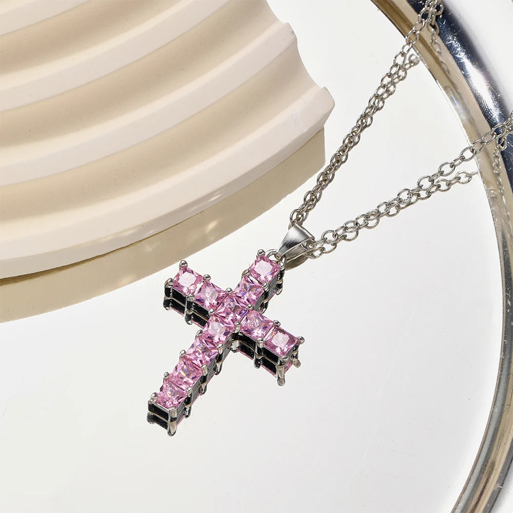 Multi-Color Crystal Cross Necklace | Shiny Silver Pendant | Feminine Faith Jewelry for Women
