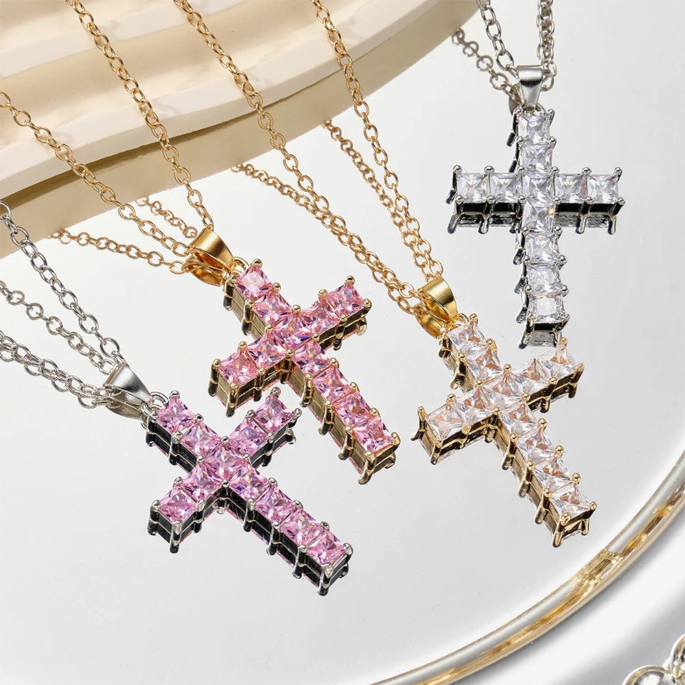 Multi-Color Crystal Cross Necklace | Shiny Silver Pendant | Feminine Faith Jewelry for Women
