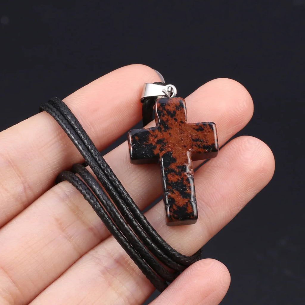 Natural Tiger Eye Cross Necklace – Semiprecious Stone Christian Pendant for Women