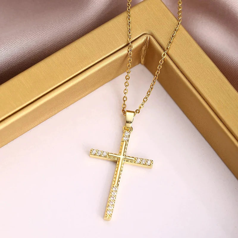 Shiny Zircon Cross Necklace – Stainless Steel Faith Pendant